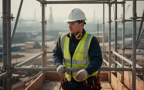 Nahaufnahme eines Bauarbeiters auf einem Gerüst, der einen Helm und eine Warnweste trägt, aber keine Schutzbrille oder Gehörschutz. - Foto: über boerse-global.de