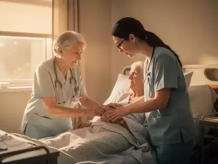 Eine Pflegekraft kümmert sich um einen älteren Patienten in einem hellen Raum, der Hitzeschutzmaßnahmen andeutet. - Foto: über boerse-global.de