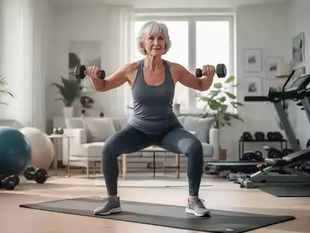 Eine aktive ältere Frau über 60 macht eine modifizierte Kniebeuge in einem modernen Fitnessraum, mit Fokus auf Rumpf und Form. - Foto: über boerse-global.de