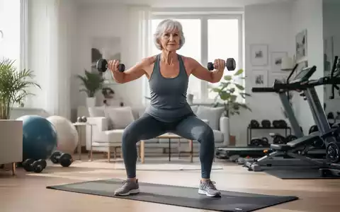 Eine aktive ältere Frau über 60 macht eine modifizierte Kniebeuge in einem modernen Fitnessraum, mit Fokus auf Rumpf und Form. - Foto: über boerse-global.de