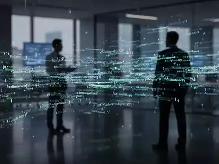 Abstrakte Darstellung eines digitalen Datenstroms mit blauen und grünen Lichtern, vor dem eine schemenhafte Figur steht. - Foto: über boerse-global.de