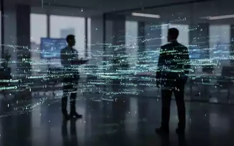 Abstrakte Darstellung eines digitalen Datenstroms mit blauen und grünen Lichtern, vor dem eine schemenhafte Figur steht. - Foto: über boerse-global.de