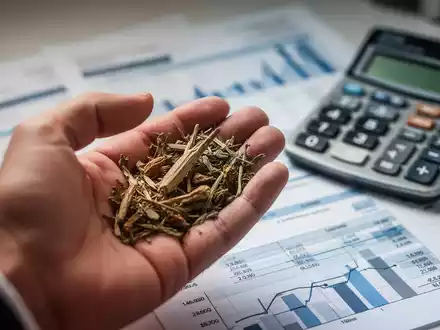 Eine unscharfe Hand hält ein pflanzliches Heilmittel; im Hintergrund sind unscharfe Finanzdokumente und ein Taschenrechner zu sehen. - Foto: über boerse-global.de