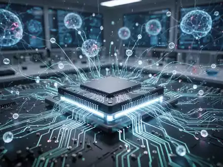 Close-up of a futuristic microchip with glowing circuits and abstract data streams, representing AI and graphics processing. - Foto: über boerse-global.de
