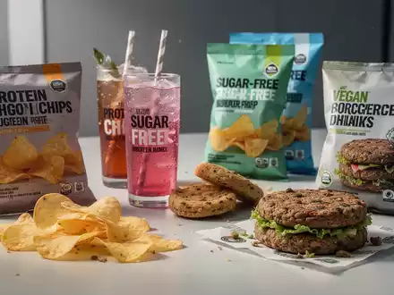 Eine Nahaufnahme verschiedener kalorienarmer Snacks und proteinreicher Lebensmittel wie Protein-Chips, zuckerfreie Getränke und vegane Burger-Pattys. - Foto: über boerse-global.de