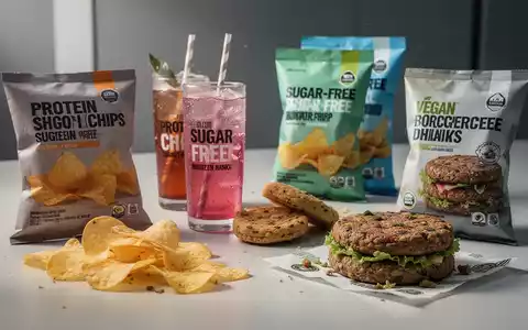 Eine Nahaufnahme verschiedener kalorienarmer Snacks und proteinreicher Lebensmittel wie Protein-Chips, zuckerfreie Getränke und vegane Burger-Pattys. - Foto: über boerse-global.de