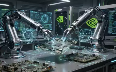 Ein futuristisches Roboterlabor mit mechanischen Armen, die an Leiterplatten arbeiten, und holografischen Schnittstellen. - Foto: über boerse-global.de
