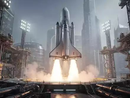 Eine moderne Rakete startet von einer futuristischen Startrampe, mit einer verschwommenen Stadtlandschaft im Hintergrund. - Foto: über boerse-global.de
