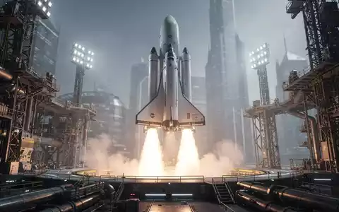 Eine moderne Rakete startet von einer futuristischen Startrampe, mit einer verschwommenen Stadtlandschaft im Hintergrund. - Foto: über boerse-global.de
