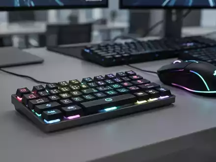 A close-up of a modern programmable macro keypad with glowing keys, a high-performance mouse, and a keyboard on a desk. - Foto: über boerse-global.de