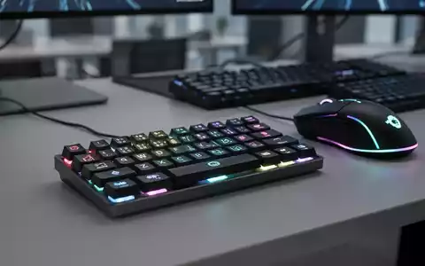A close-up of a modern programmable macro keypad with glowing keys, a high-performance mouse, and a keyboard on a desk. - Foto: über boerse-global.de