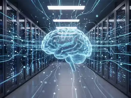 A futuristic server room with glowing blue data streams and an abstract AI brain visualization, symbolizing advanced AI capabilities. - Foto: über boerse-global.de