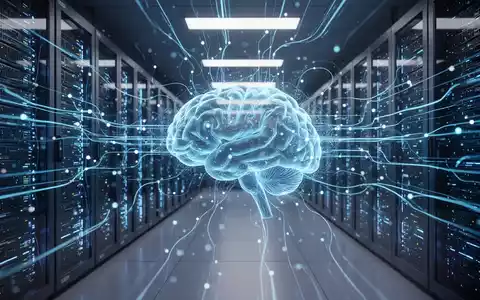 A futuristic server room with glowing blue data streams and an abstract AI brain visualization, symbolizing advanced AI capabilities. - Foto: über boerse-global.de
