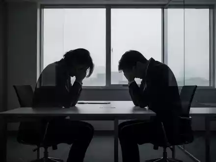 Eine einzelne, stilisierte Person sitzt mit gesenkten Schultern an einem Schreibtisch in einem dunklen Büro und deutet auf mentale Erschöpfung hin. - Foto: über boerse-global.de