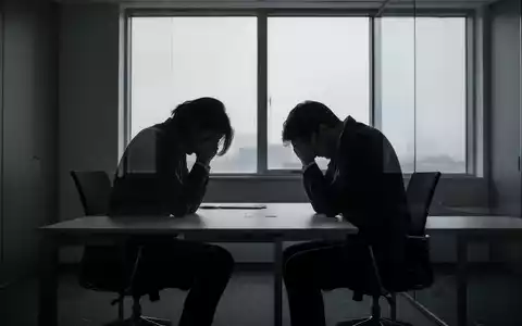 Eine einzelne, stilisierte Person sitzt mit gesenkten Schultern an einem Schreibtisch in einem dunklen Büro und deutet auf mentale Erschöpfung hin. - Foto: über boerse-global.de
