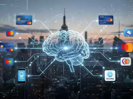 Abstract digital illustration showing payment icons connected to an AI brain, symbolizing AI-driven commerce and integrated payments. - Foto: über boerse-global.de
