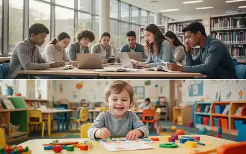 Studenten arbeiten in einer Bibliothek, während ein Kind in einem Kindergarten spielt, was Resilienzförderung vom Kindesalter bis zur Hochschule symbolisiert. - Foto: über boerse-global.de