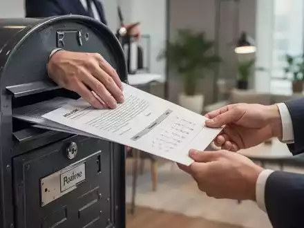 Hände legen ein wichtiges Dokument in einen Briefkasten oder übergeben es zur Unterschrift, symbolisierend die Zustellung rechtlicher Papiere. - Foto: über boerse-global.de
