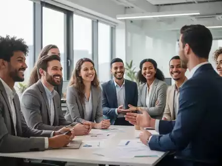 Neue Mitarbeiter nehmen an einem Onboarding-Programm teil, lächeln und interagieren positiv mit einem Mentor in einem modernen Büro. - Foto: über boerse-global.de