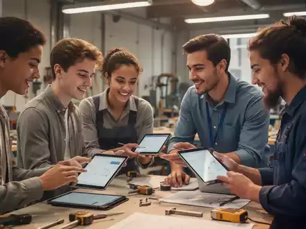 Junge Fachkräfte und Auszubildende arbeiten in einer modernen Büroumgebung zusammen und nutzen digitale Tablets. - Foto: über boerse-global.de