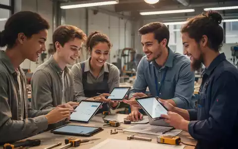 Junge Fachkräfte und Auszubildende arbeiten in einer modernen Büroumgebung zusammen und nutzen digitale Tablets. - Foto: über boerse-global.de