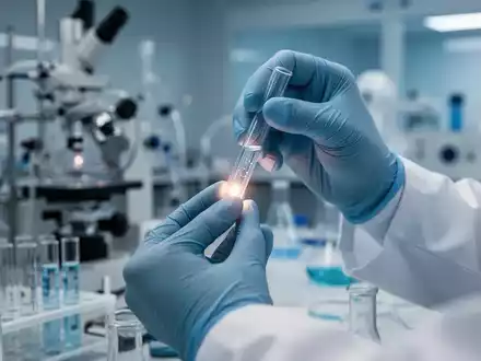 Nahaufnahme der Hände eines Wissenschaftlers in einem Labor, der ein leuchtendes Fläschchen hält, umgeben von Forschungsausrüstung. - Foto: über boerse-global.de
