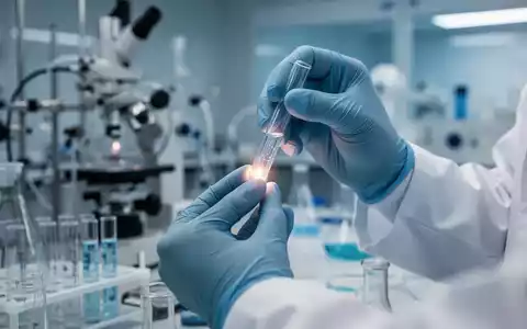 Nahaufnahme der Hände eines Wissenschaftlers in einem Labor, der ein leuchtendes Fläschchen hält, umgeben von Forschungsausrüstung. - Foto: über boerse-global.de