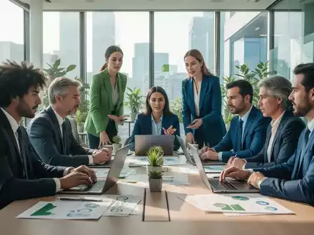 Professionelle in einem modernen Büro arbeiten zusammen an Dokumenten und Laptops, symbolisiert ESG-Ausbildung und Nachhaltigkeitsstrategien. - Foto: über boerse-global.de