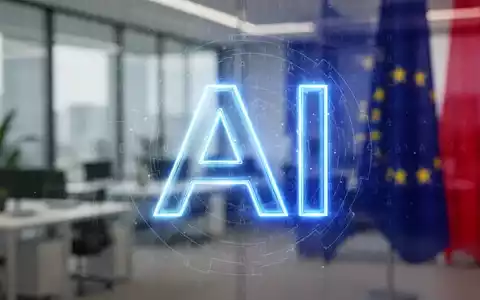 Ein stilisiertes, leuchtendes blaues 'AI'-Symbol über einem subtilen digitalen Wasserzeichenmuster in einem modernen Büro. Fokus auf KI-Kennzeichnung. - Foto: über boerse-global.de