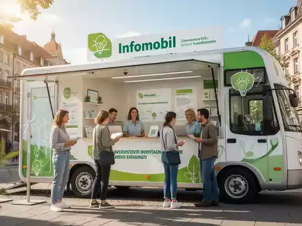 Ein modernes Infomobil der Verbraucherzentrale auf einem Stadtplatz, umgeben von Bürgern, die sich beraten lassen. - Foto: über boerse-global.de