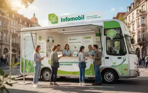 Ein modernes Infomobil der Verbraucherzentrale auf einem Stadtplatz, umgeben von Bürgern, die sich beraten lassen. - Foto: über boerse-global.de