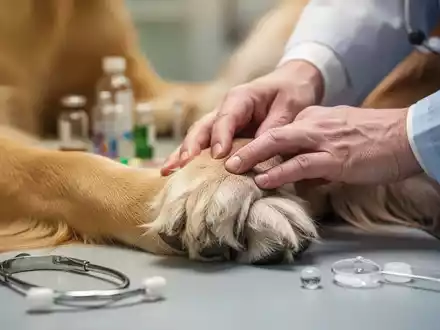 Eine Hand massiert sanft die Pfote eines Golden Retrievers, im Hintergrund verschwimmen alternative Medizinwerkzeuge. - Foto: über boerse-global.de