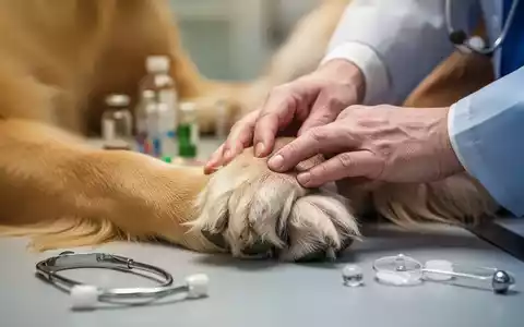 Eine Hand massiert sanft die Pfote eines Golden Retrievers, im Hintergrund verschwimmen alternative Medizinwerkzeuge. - Foto: über boerse-global.de