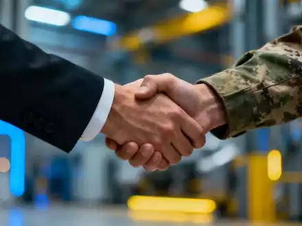 Eine Hand im Anzug schüttelt eine Hand in Militäruniform vor dem Hintergrund einer Fabrik. - Foto: über boerse-global.de
