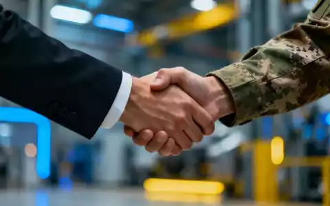 Eine Hand im Anzug schüttelt eine Hand in Militäruniform vor dem Hintergrund einer Fabrik. - Foto: über boerse-global.de