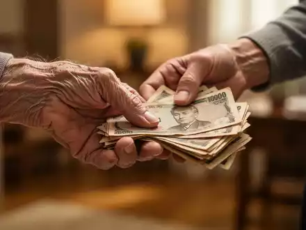 Eine ältere, faltige Hand hält eine jüngere, unterstützende Hand, während sie einen Stapel alter Banknoten loslässt. - Foto: über boerse-global.de