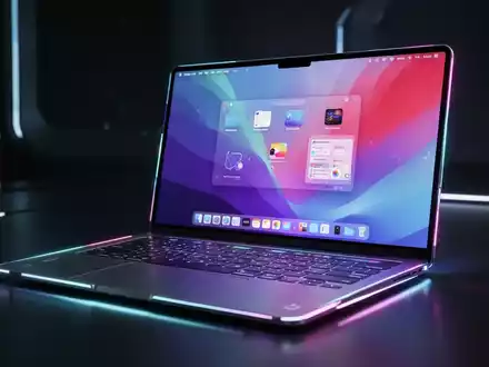 A close-up of a futuristic, ultra-thin laptop with a vibrant OLED touchscreen displaying a macOS interface, suggesting advanced technology. - Foto: über boerse-global.de