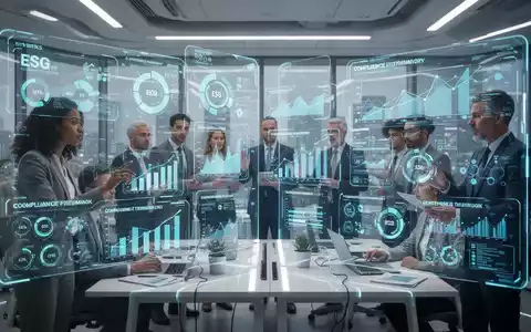 Eine futuristische Büroansicht mit holografischen Datenvisualisierungen zu ESG-Kennzahlen. Fachleute interagieren mit transparenten Bildschirmen. - Foto: über boerse-global.de