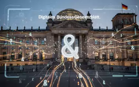 Ein digitaler Bildschirm zeigt das Bundesgesetzblatt mit leuchtenden Daten und Paragraphenzeichen vor einer stilisierten Regierungsarchitektur. - Foto: über boerse-global.de