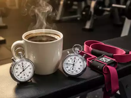 Eine dampfende Tasse Kaffee, eine Stoppuhr und ein Widerstandsband auf einer Fitnessbank, die Energie vor dem Training symbolisieren. - Foto: über boerse-global.de