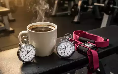 Eine dampfende Tasse Kaffee, eine Stoppuhr und ein Widerstandsband auf einer Fitnessbank, die Energie vor dem Training symbolisieren. - Foto: über boerse-global.de