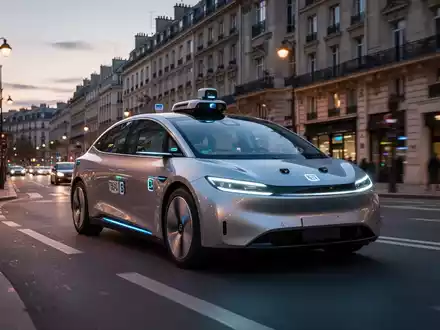 A sleek, modern autonomous electric robotaxi drives on a city street at dusk, with buildings and streetlights in the background. - Foto: über boerse-global.de