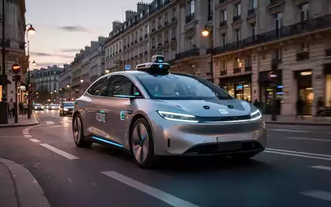 A sleek, modern autonomous electric robotaxi drives on a city street at dusk, with buildings and streetlights in the background. - Foto: über boerse-global.de