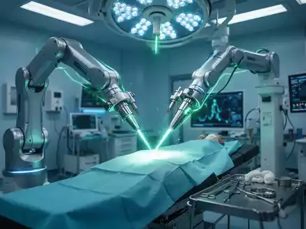 Ein hochmodernes Operationszimmer mit fortschrittlicher Laser-Medizintechnik, die blaue und grüne Lichter ausstrahlt. - Foto: über boerse-global.de