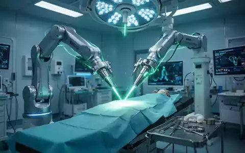 Ein hochmodernes Operationszimmer mit fortschrittlicher Laser-Medizintechnik, die blaue und grüne Lichter ausstrahlt. - Foto: über boerse-global.de