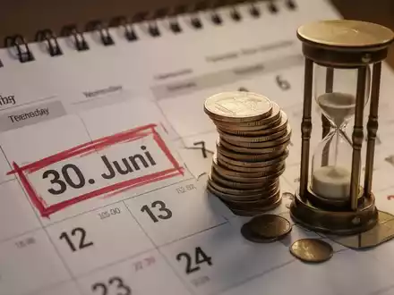 Ein Kalenderblatt mit dem 30. Juni, Münzen und eine Sanduhr symbolisieren eine finanzielle Frist. - Foto: über boerse-global.de
