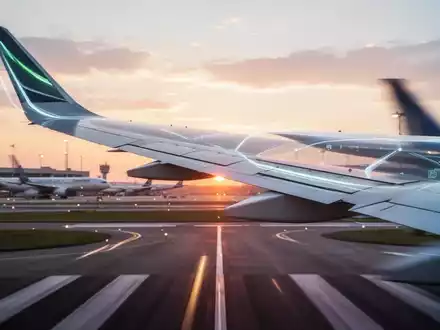 Nahaufnahme eines modernen Flugzeugflügels mit verschwommener Landebahn und Flughafen im Hintergrund bei Sonnenuntergang. - Foto: über boerse-global.de