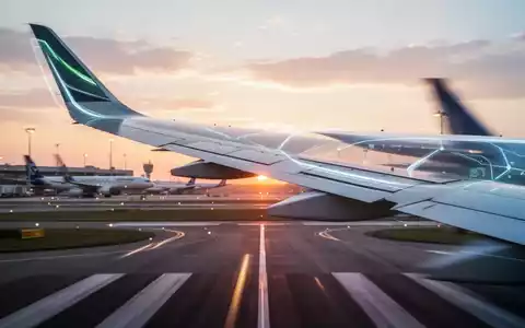 Nahaufnahme eines modernen Flugzeugflügels mit verschwommener Landebahn und Flughafen im Hintergrund bei Sonnenuntergang. - Foto: über boerse-global.de