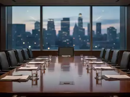 Ein langer, leerer Konferenztisch in einem modernen Regierungsbüro, mit Blick auf eine verschwommene Stadtlandschaft bei Dämmerung. - Foto: über boerse-global.de