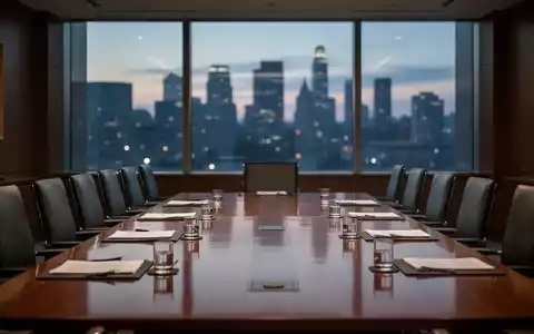 Ein langer, leerer Konferenztisch in einem modernen Regierungsbüro, mit Blick auf eine verschwommene Stadtlandschaft bei Dämmerung. - Foto: über boerse-global.de